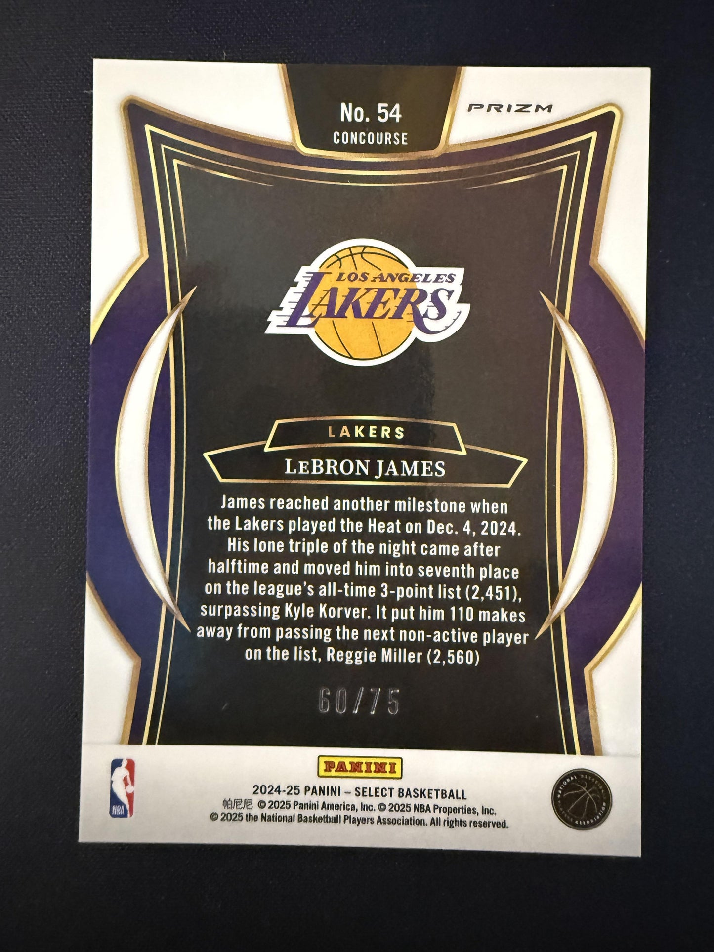 #54 LeBron James 2024-25 Panini Select SN #/75 Lakers Neon Green Prizm