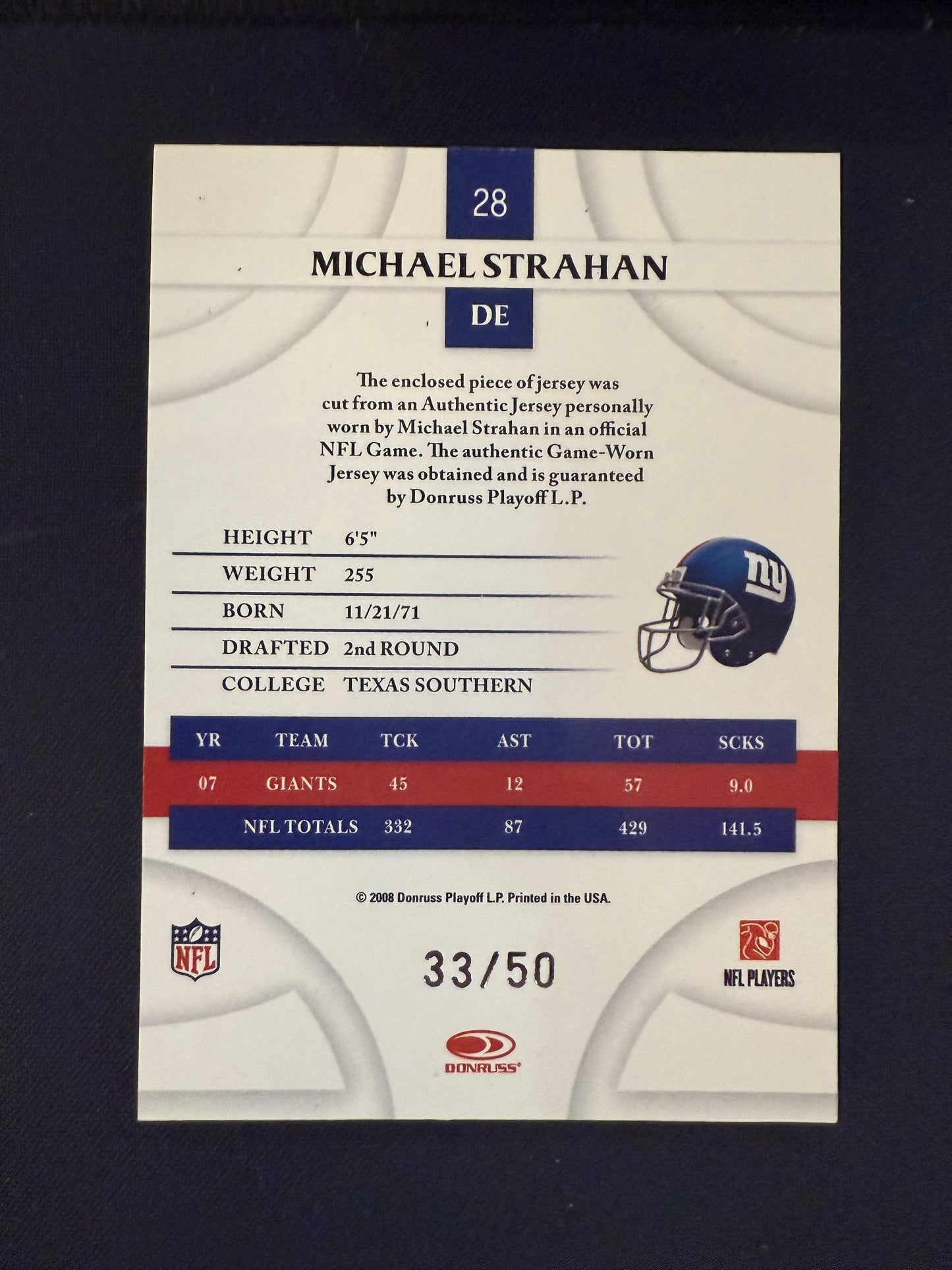 #28 Michael Strahan 2008 Donruss Threads SN #/50 New York Giants Gold Holofoil