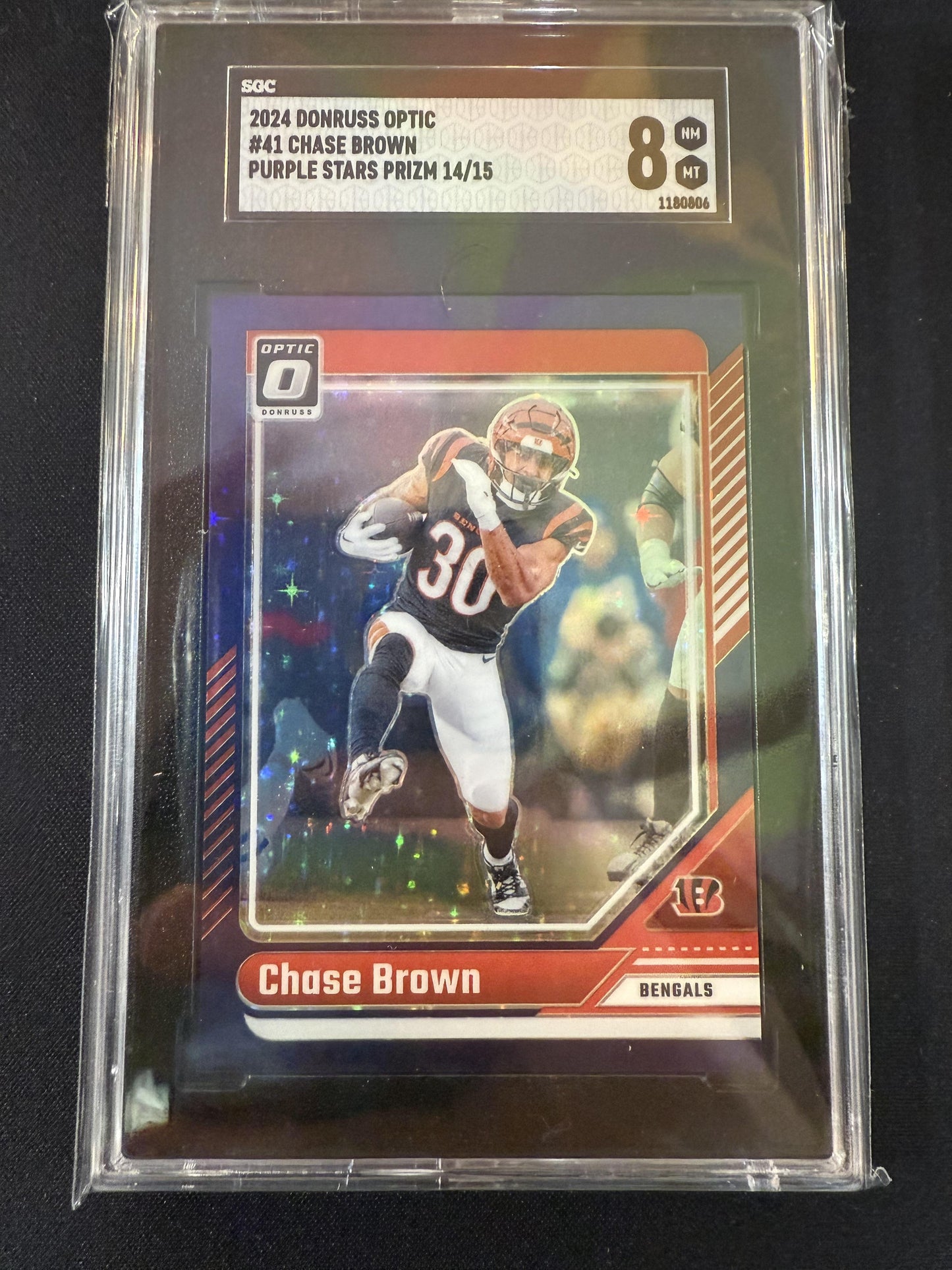 #41 Chase Brown 2024 Donruss Optic SN #/15 Cincinnati Bengals Stars Purple