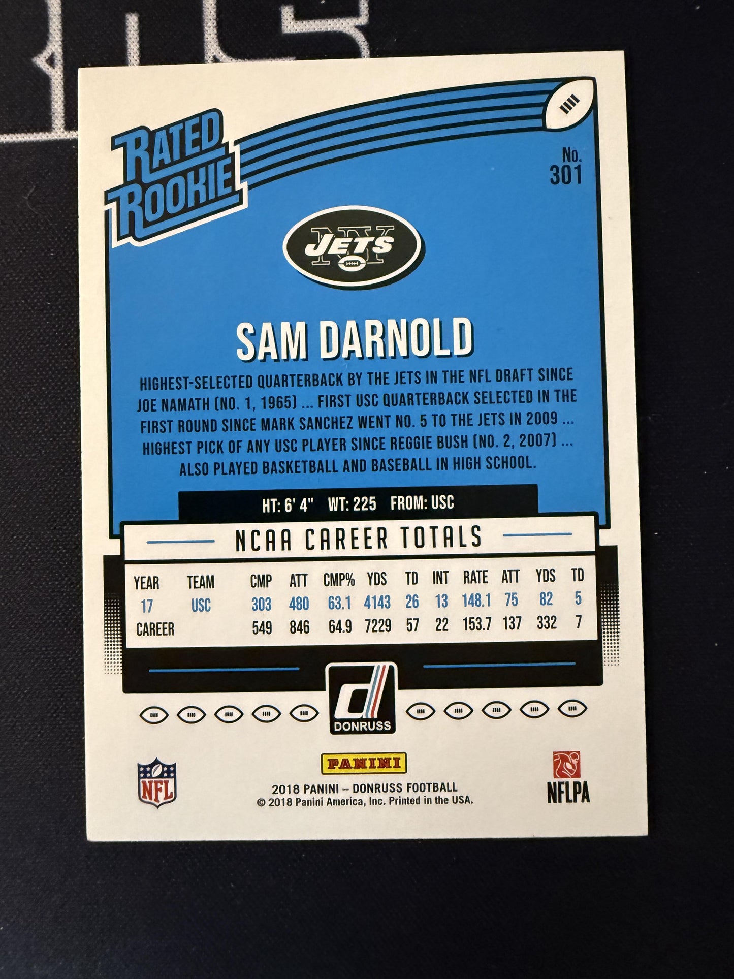 #301 Sam Darnold 2018 Donruss SN,RC Rookie #/100 Jets Press Proof Silver