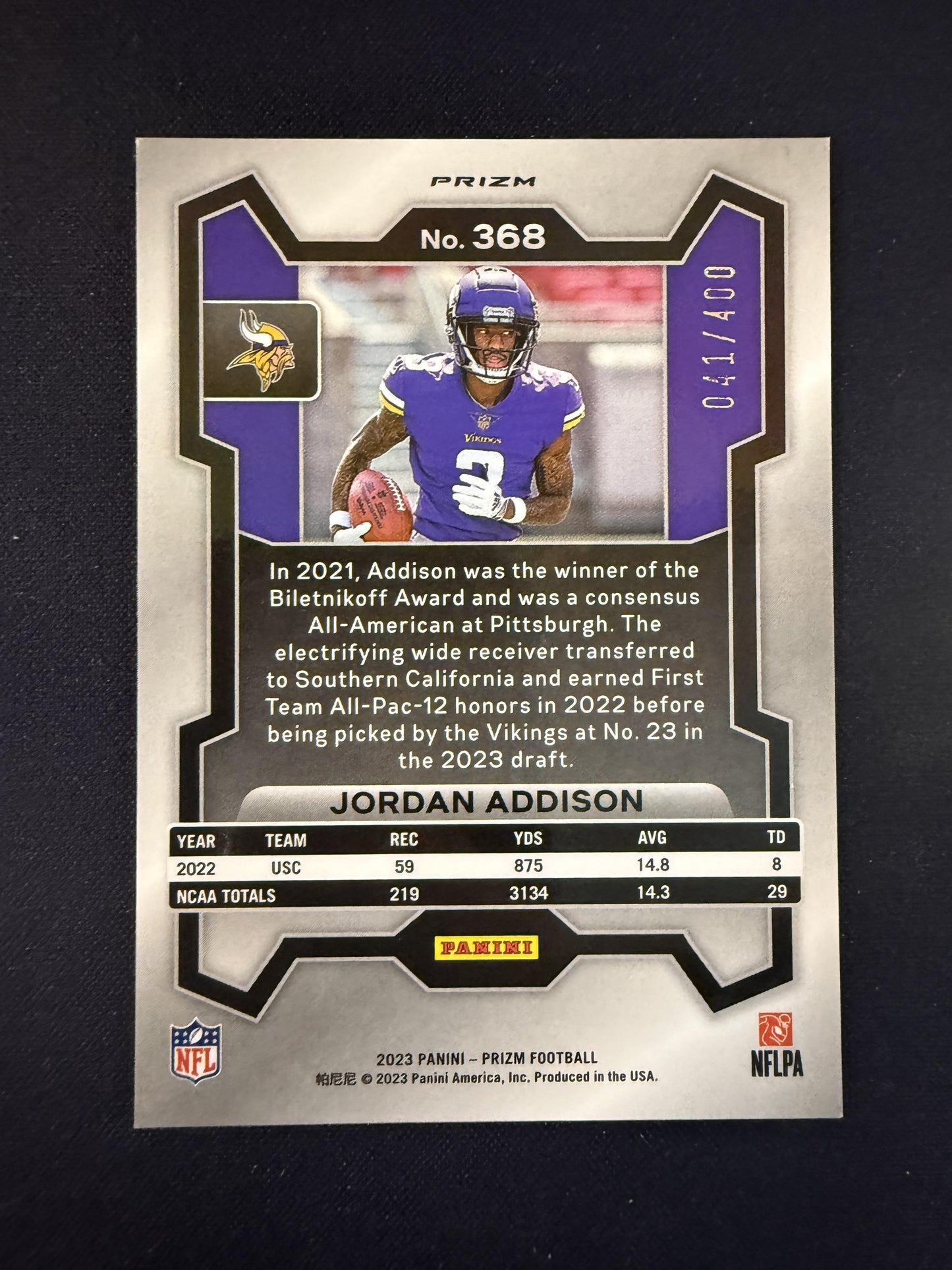 #368 Jordan Addison 2023 Panini Prizm SN #/400 Minnesota Vikings sports Pandora