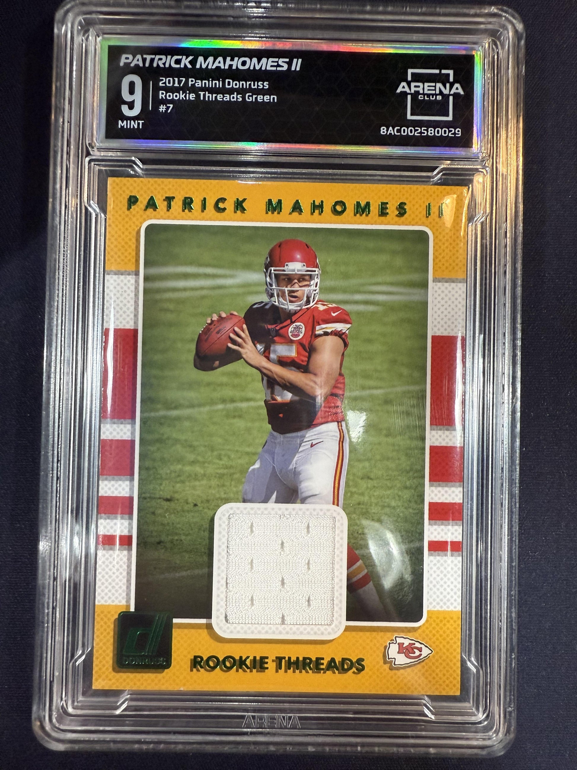 #7 Patrick Mahomes II 2017 Donruss MEM Kansas City Chiefs Rookie Threads Green