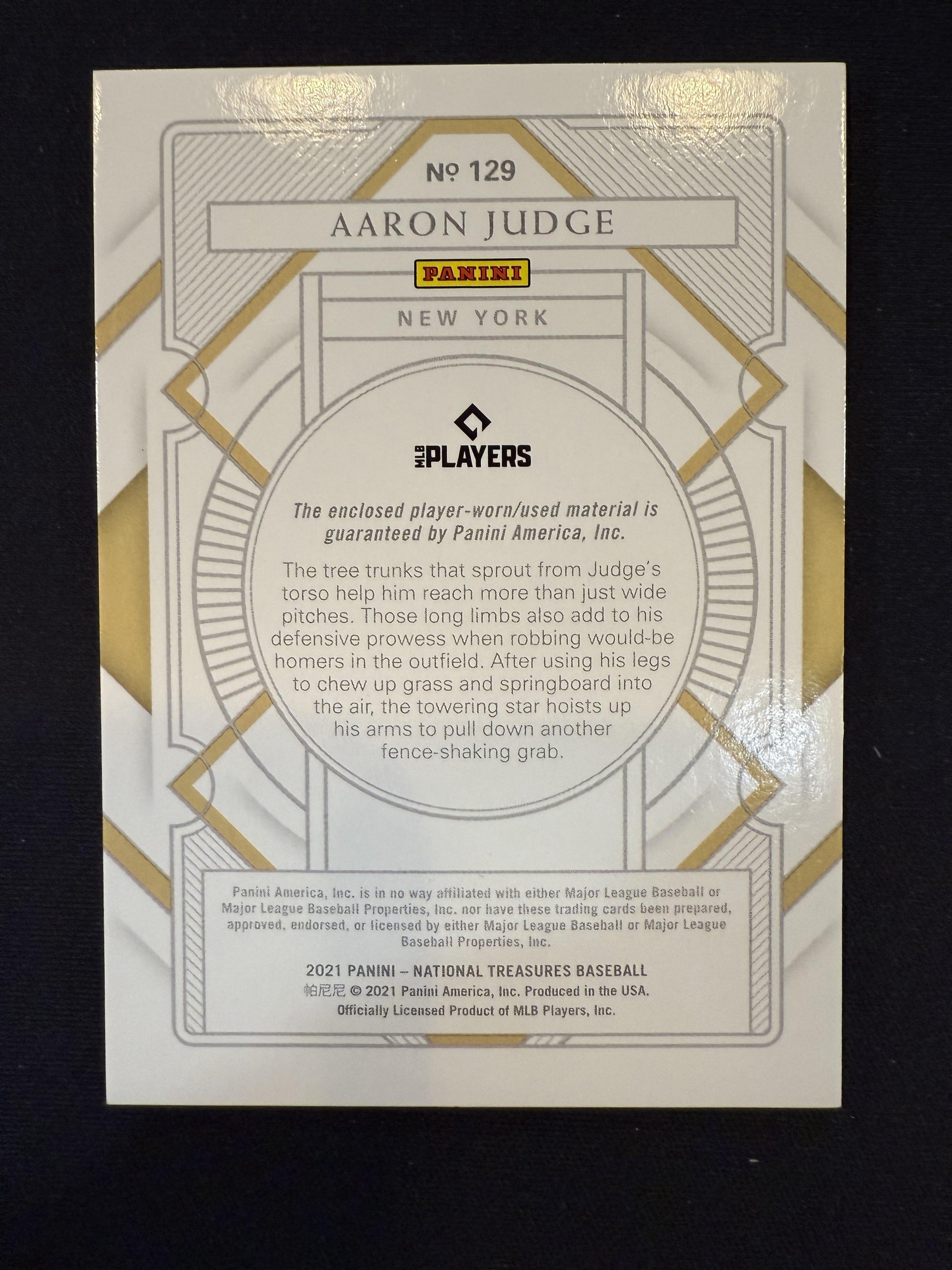 #129 Aaron Judge 2021 Panini National Treasures SN,MEM #/25 Yankees Holo Gold