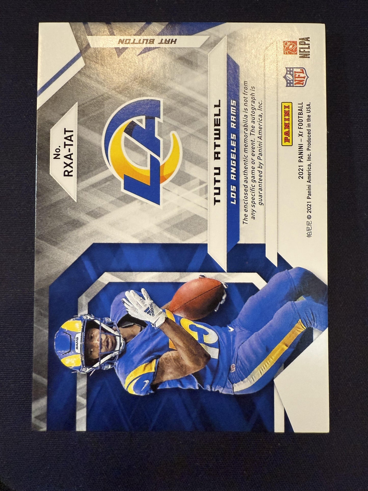 #RXA-TAT Tutu Atwell 2021 Panini XR /1 Rams Xcellence Auto Hat Button