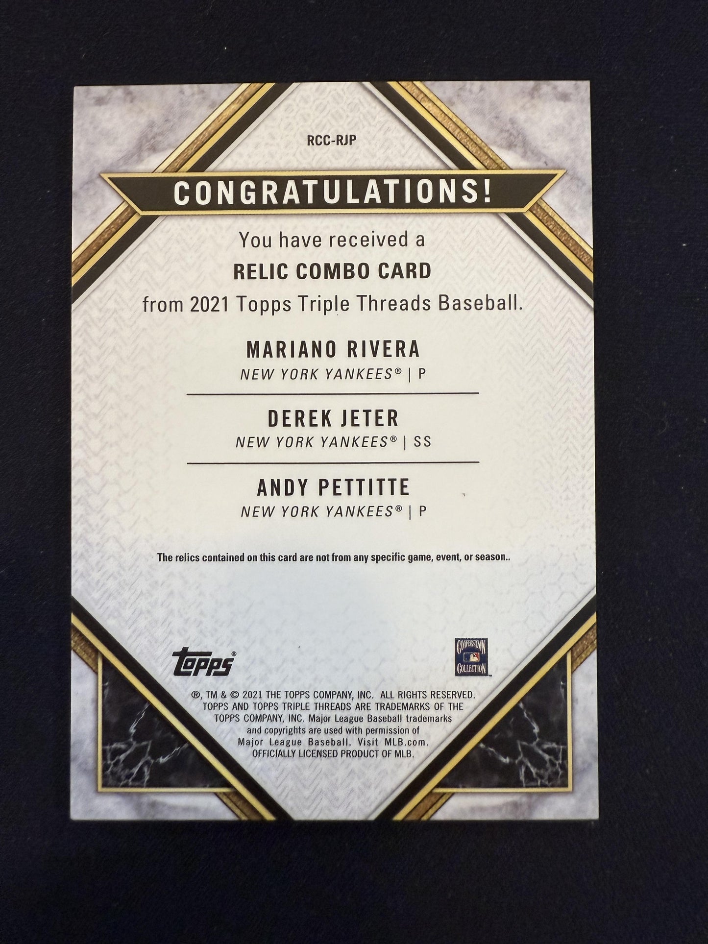 #RCC-RJP Jeter/Pettitte/Rivera 2021 Topps Triple Threads /27 Relic Amethyst