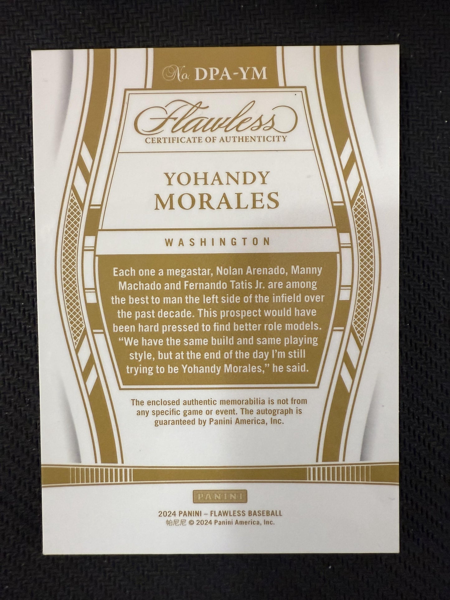 #DPA-YM Yohandy Morales 2024 Panini Flawless /5 Nationals Patch Auto Emerald