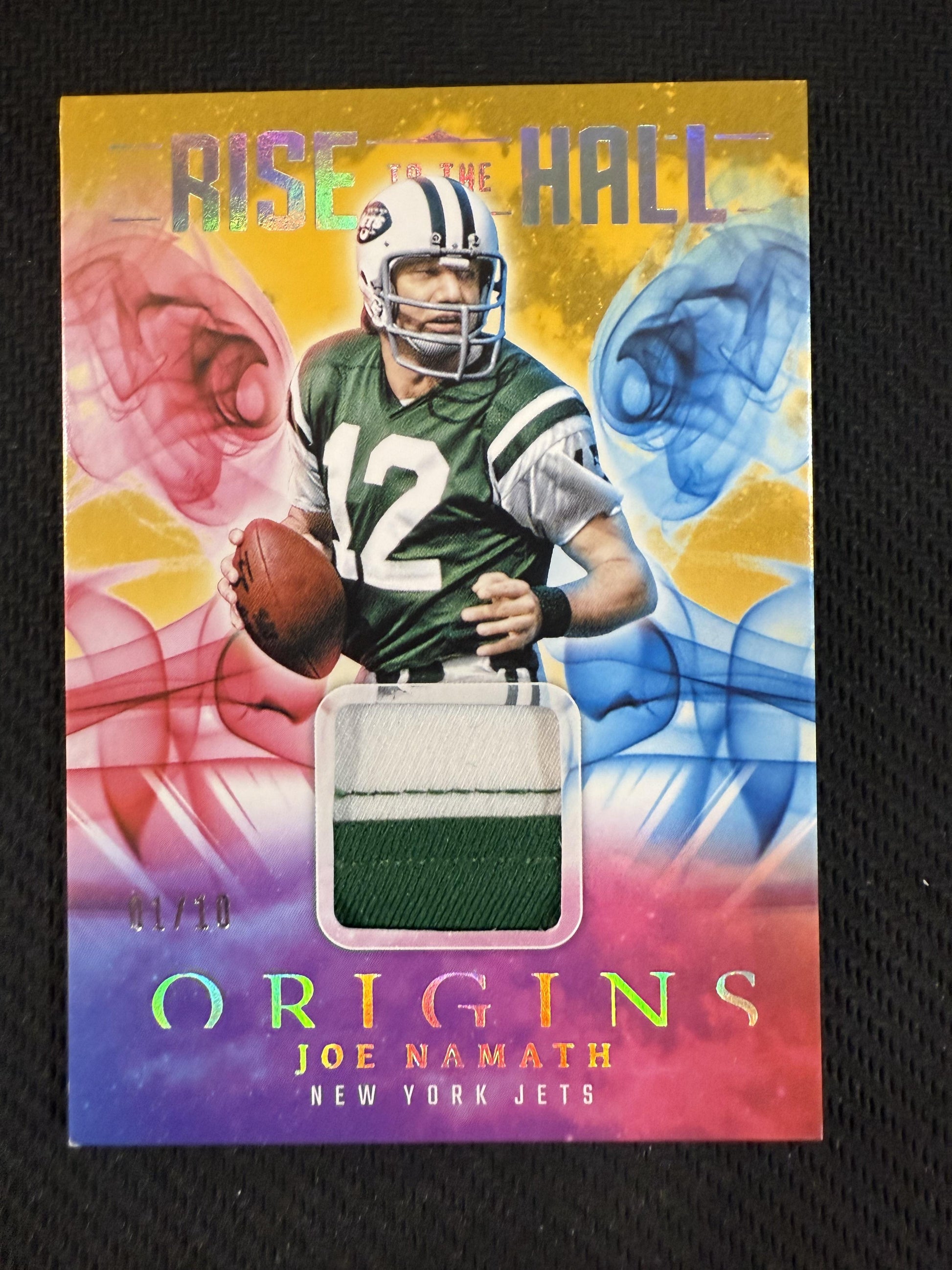 #RTH-JNA Joe Namath 2024 Panini Origins SN,MEM #/10 Jets Rise to the Hall Gold
