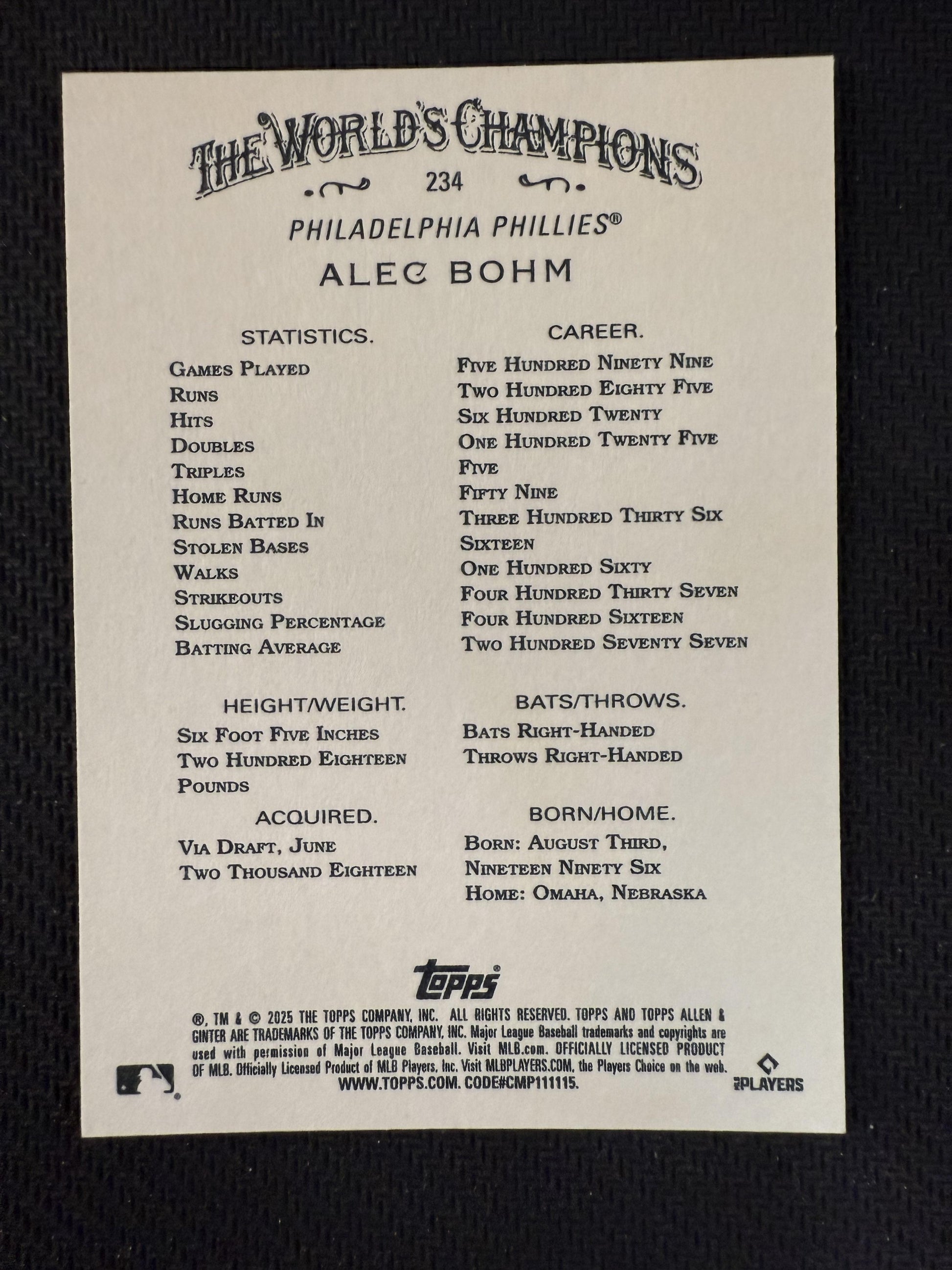 #234 Alec Bohm 2025 Topps Allen & Ginter /1 Phillies Purple Foil Filagree