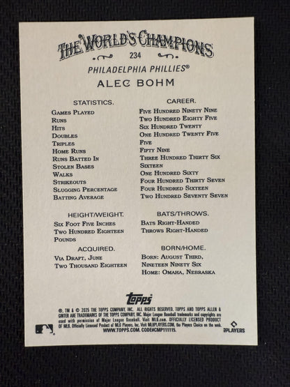 #234 Alec Bohm 2025 Topps Allen & Ginter /1 Phillies Purple Foil Filagree
