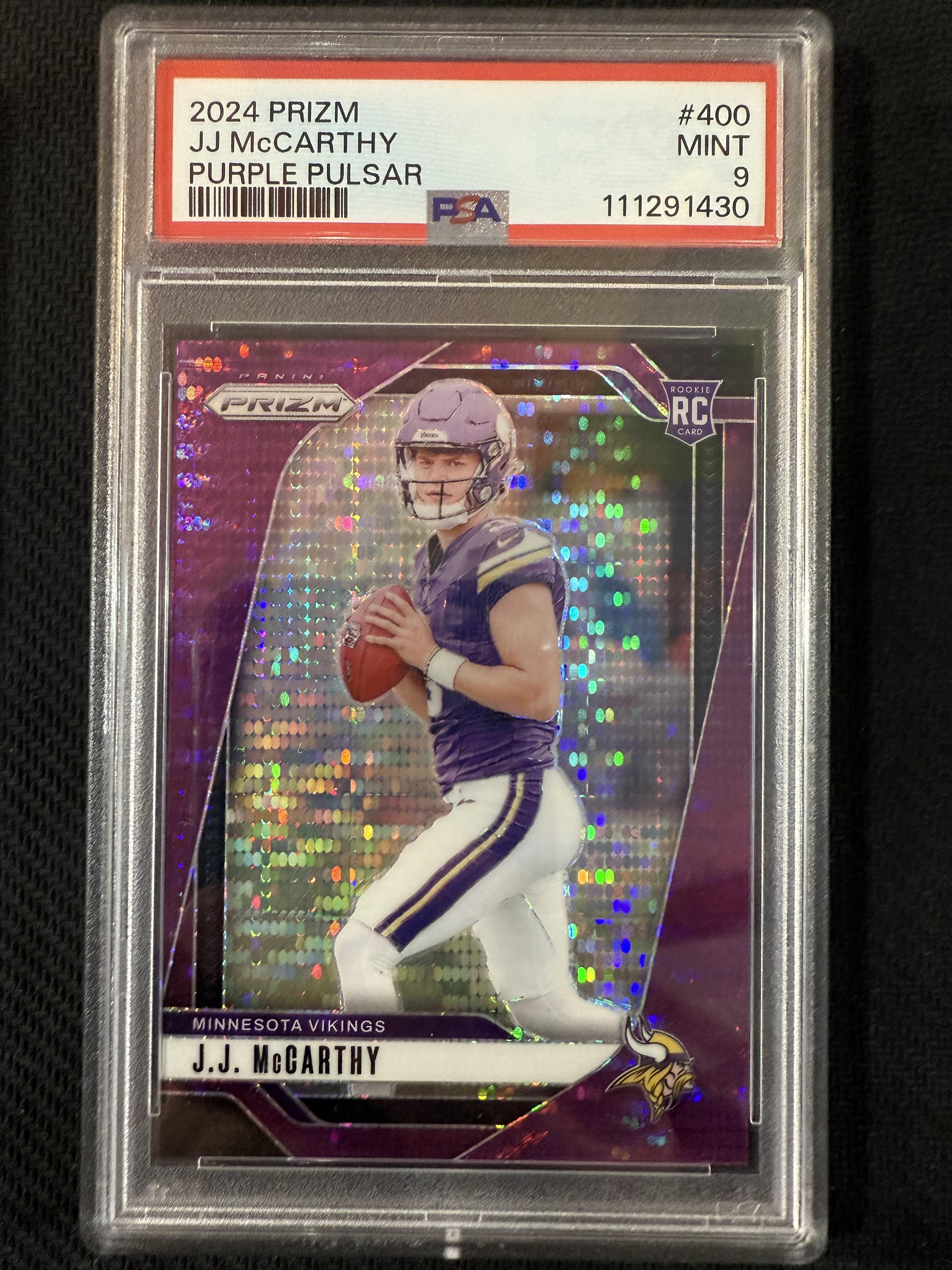 #400 J.J. McCarthy 2024 Panini Prizm RC Rookie Minnesota Vikings Purple Pulsar