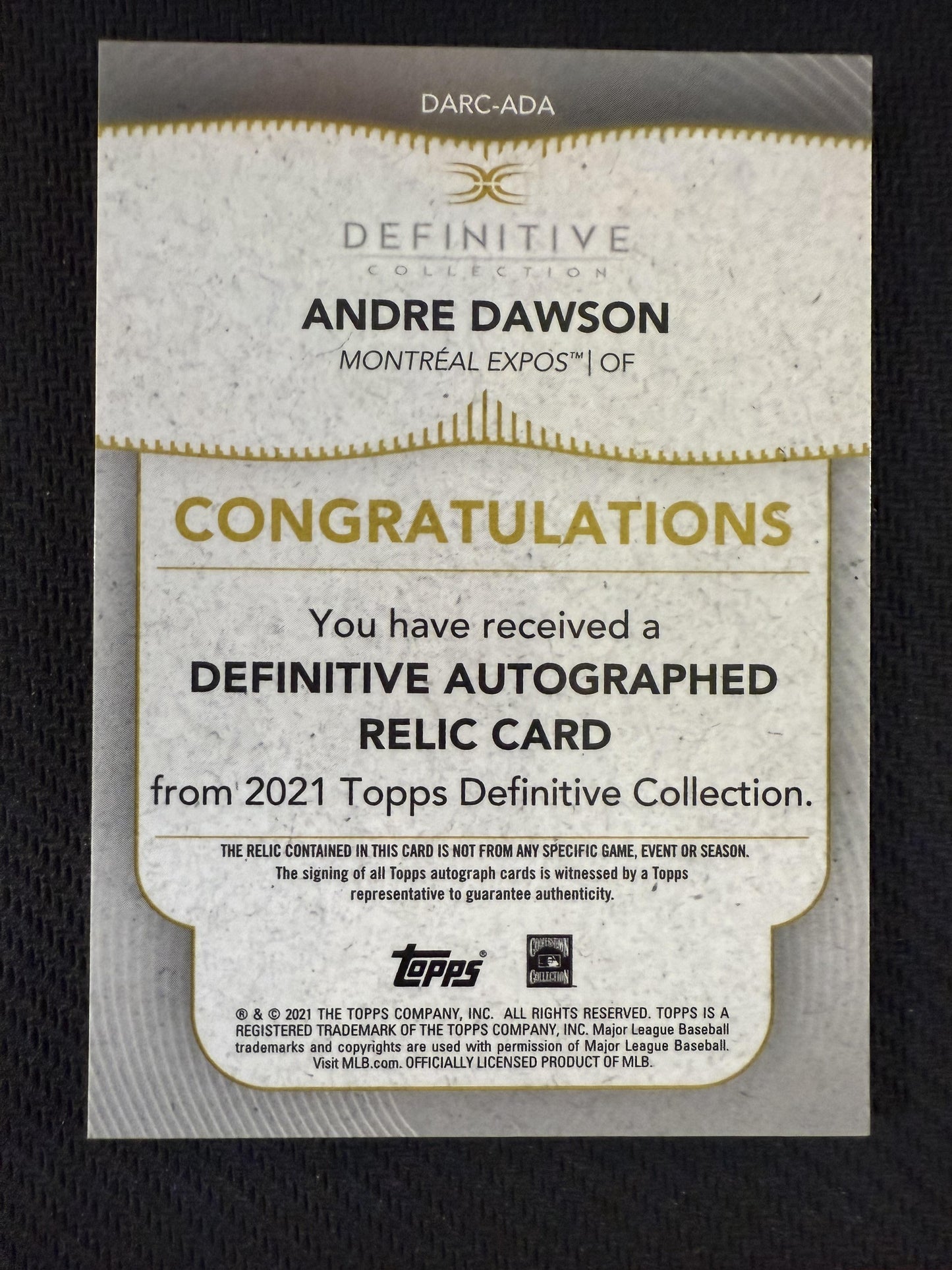 #DARC-ADA Andre Dawson 2021 Topps Definitive Collection Relic Auto /50 Expos