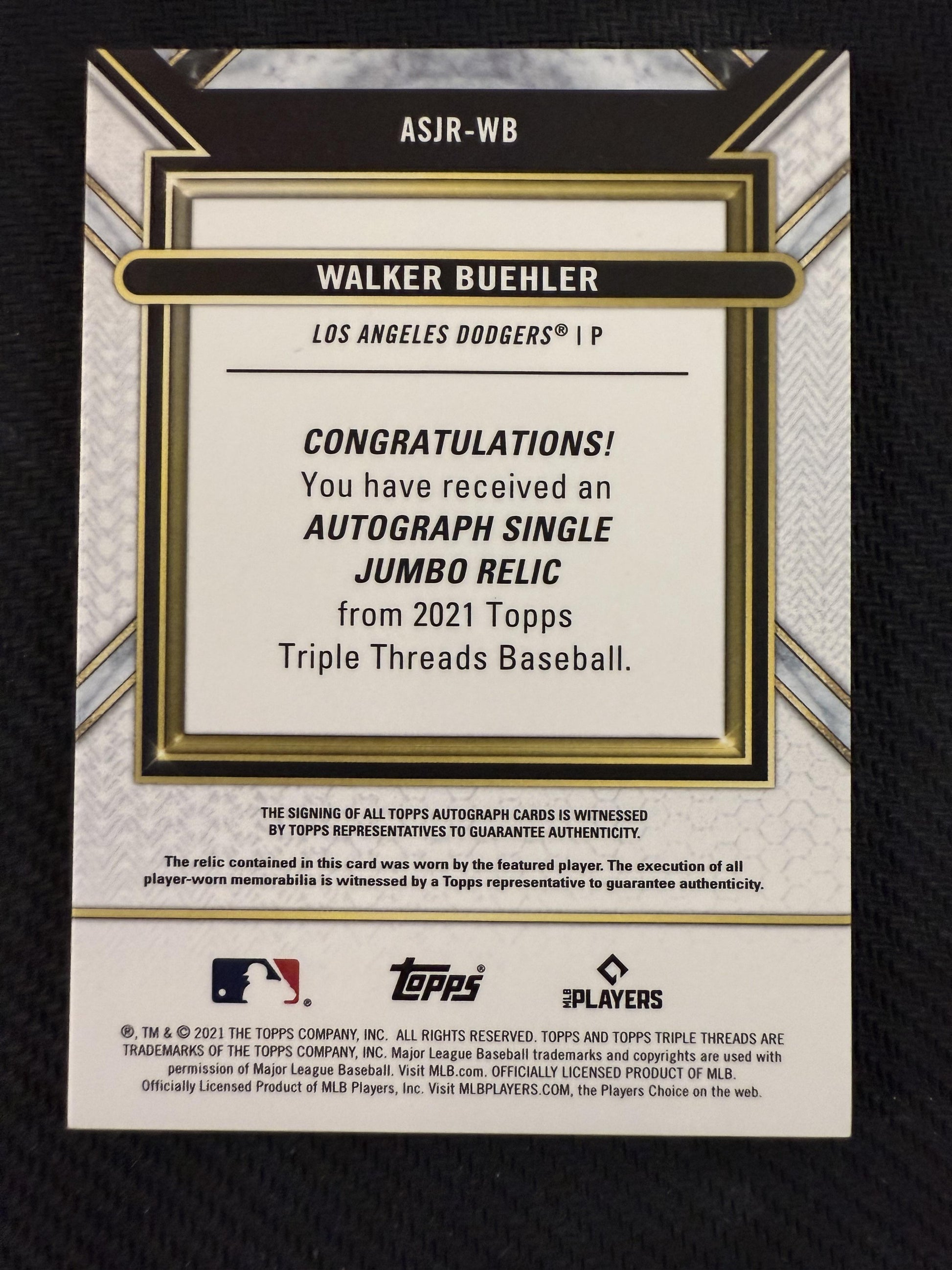 #ASJR-WB Walker Buehler 2021 Topps Triple Threads /99 Dodgers Jumbo Relics Auto