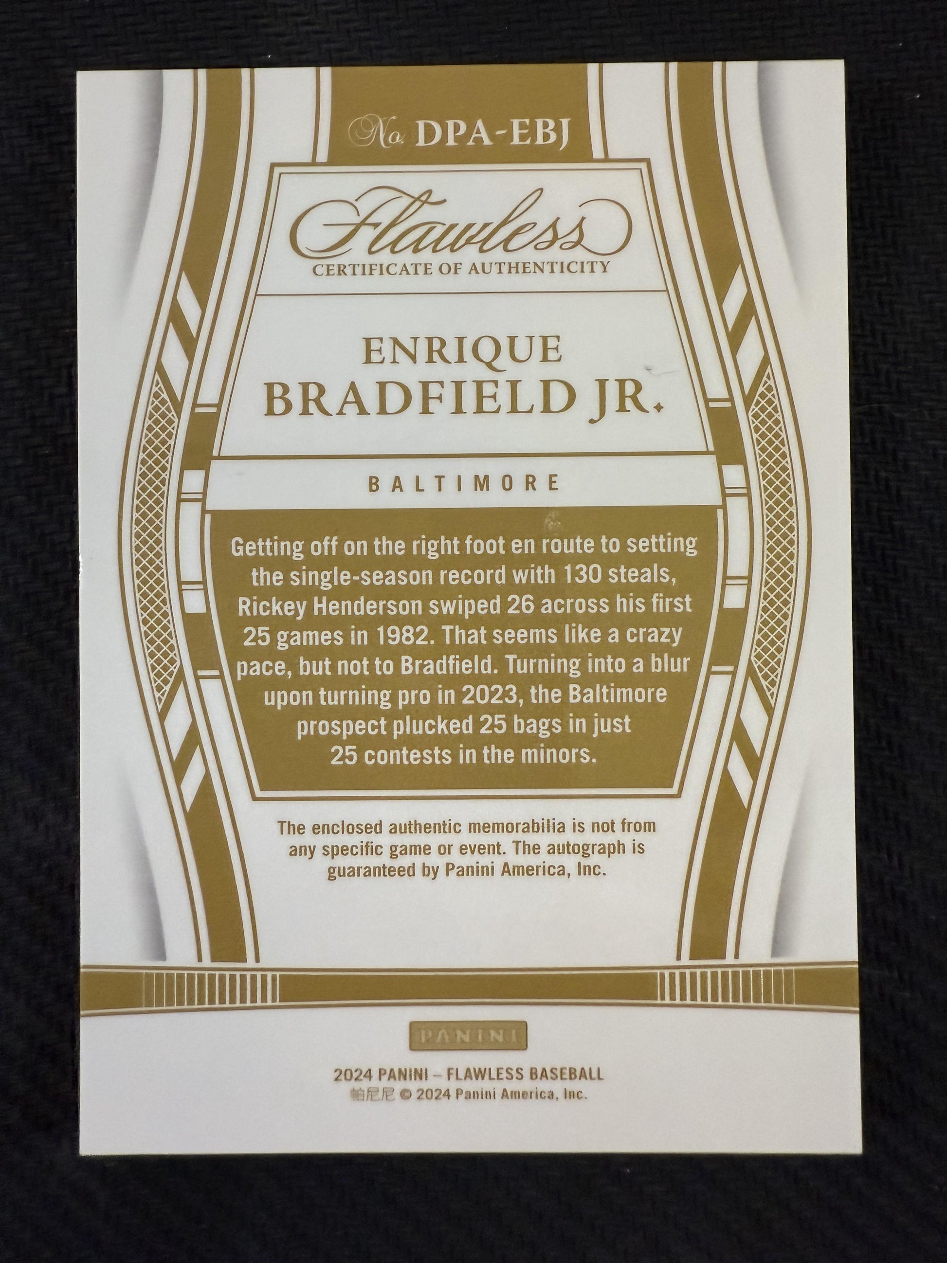 #DPA-EB Enrique Bradfield Jr. 2024 Panini Flawless /5 Draft Patch Auto Emerald