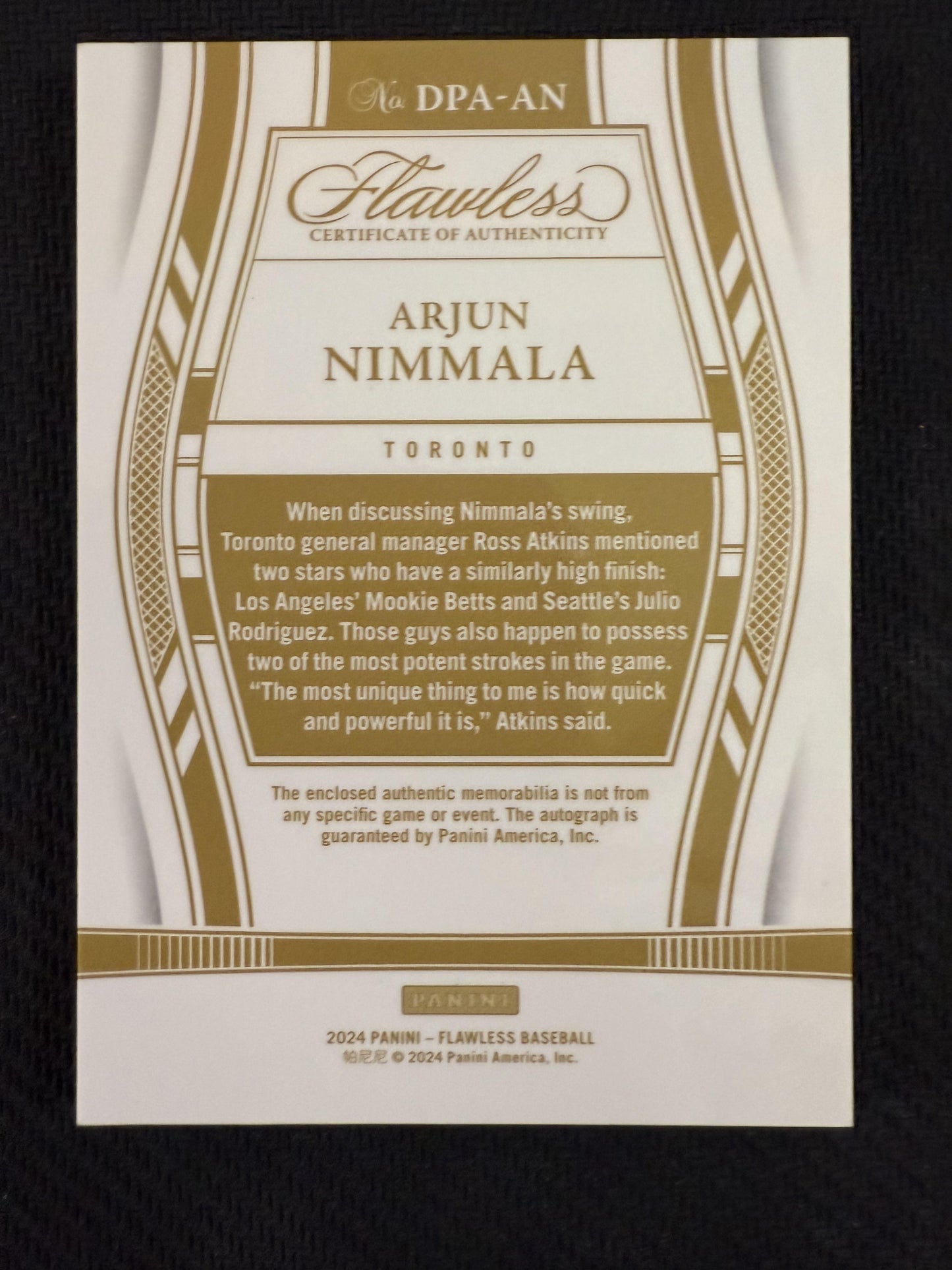 #DPA-AN Arjun Nimmala 2024 Panini Flawless /25 Blue Jays Draft Patch Auto