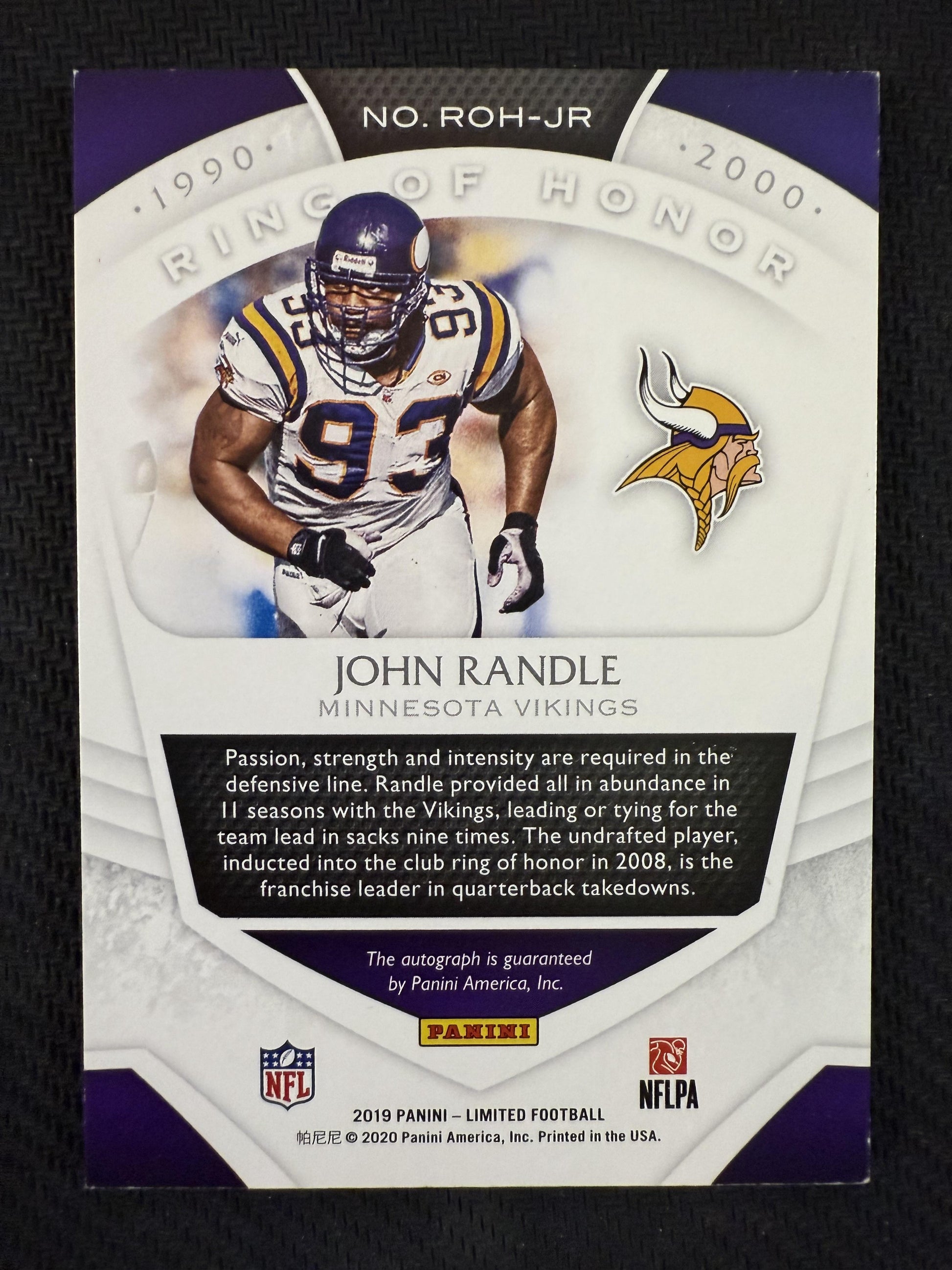 #ROH-JR John Randle 2019 Panini Limited /35 Vikings Ring of Honor Auto