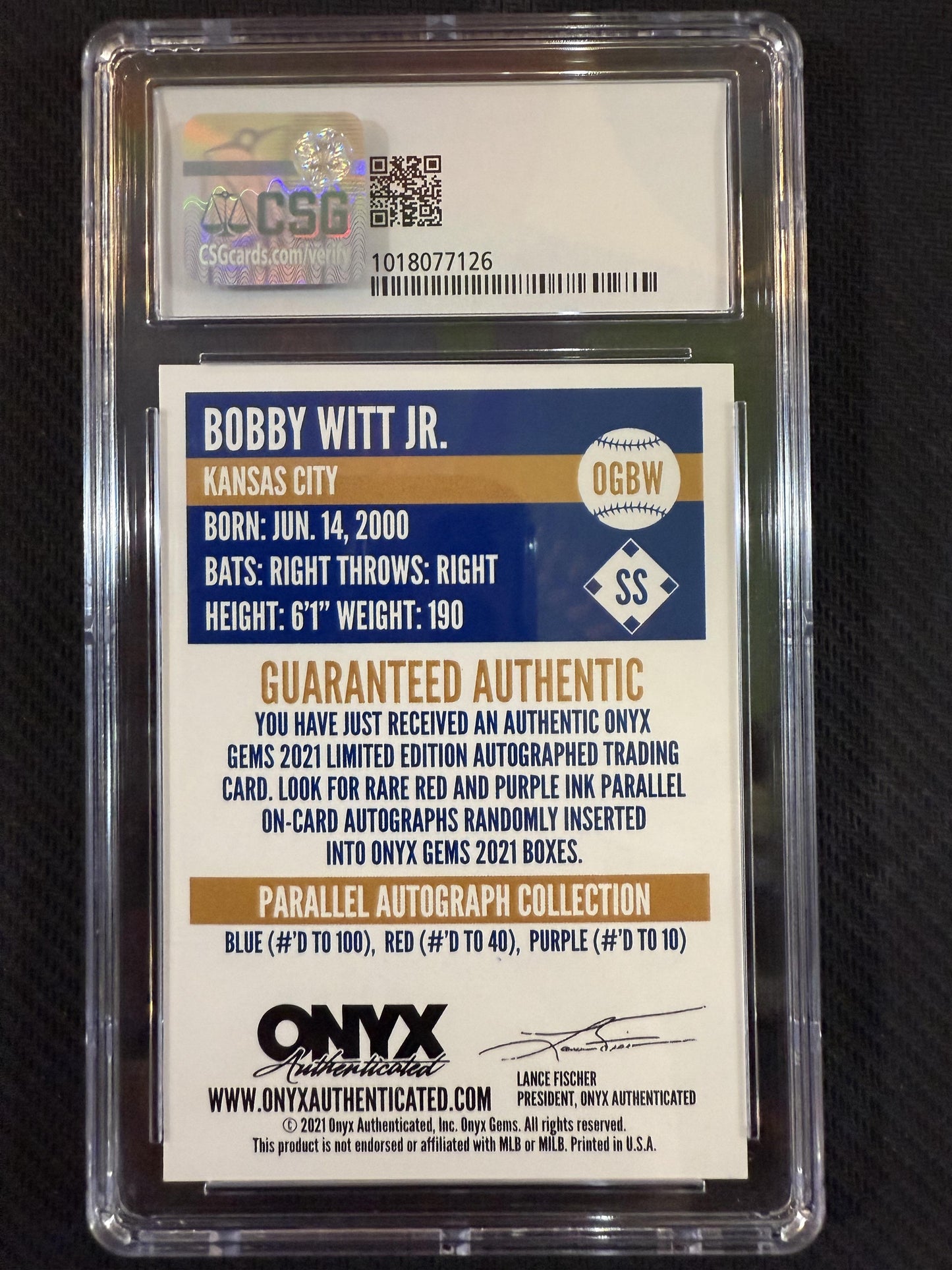 #OGBW Bobby Witt Jr. 2021 Onyx Gems AU,SN Auto #/100 Kansas City Royals Sapphire