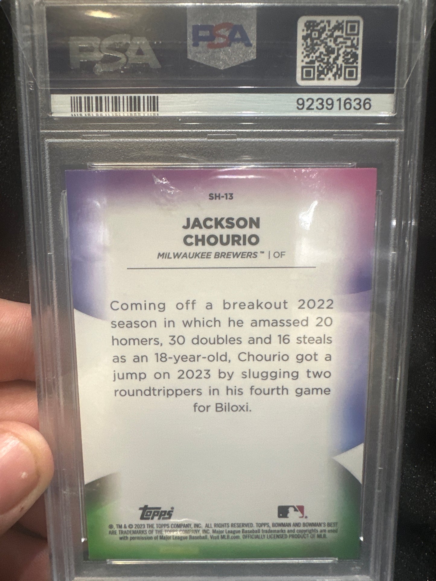 Jackson Chourio SH13 2023 Bowman’s Best Shellacked PSA 9