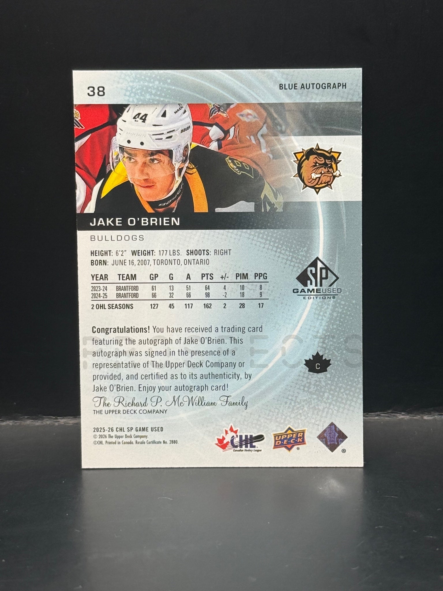#38 Jake O'Brien 2025 SP Game Used CHL Blue Auto