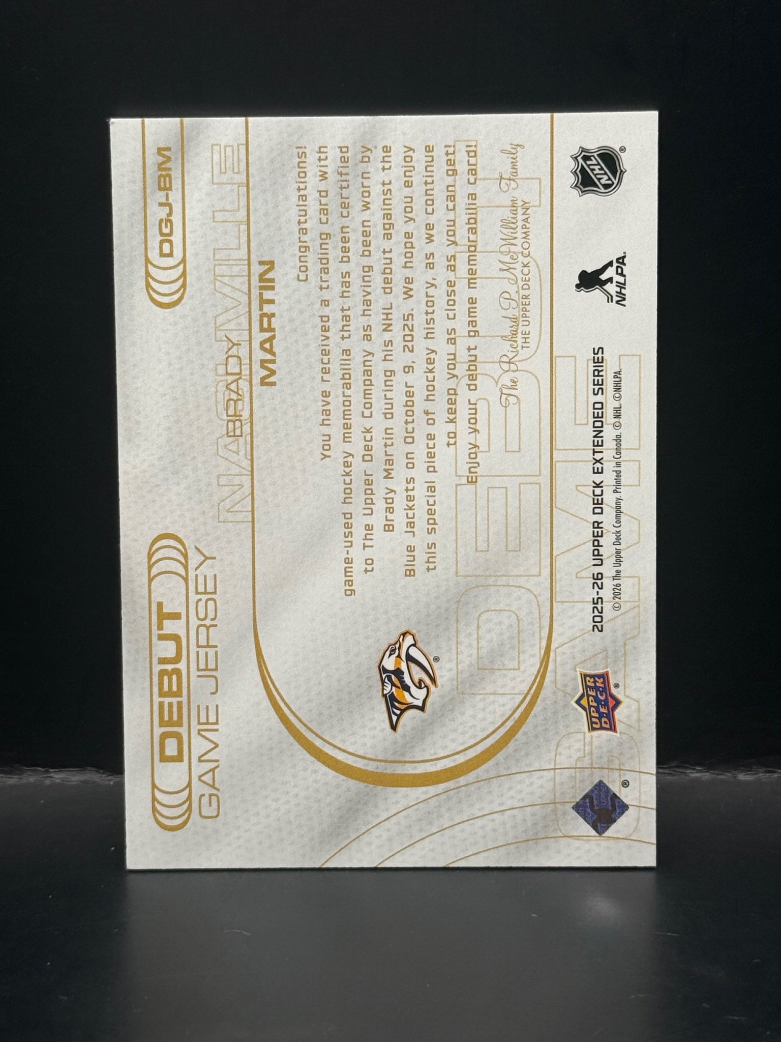 #DGJ-BM Brady Martin 2025 Upper Deck Debut Game Jersey