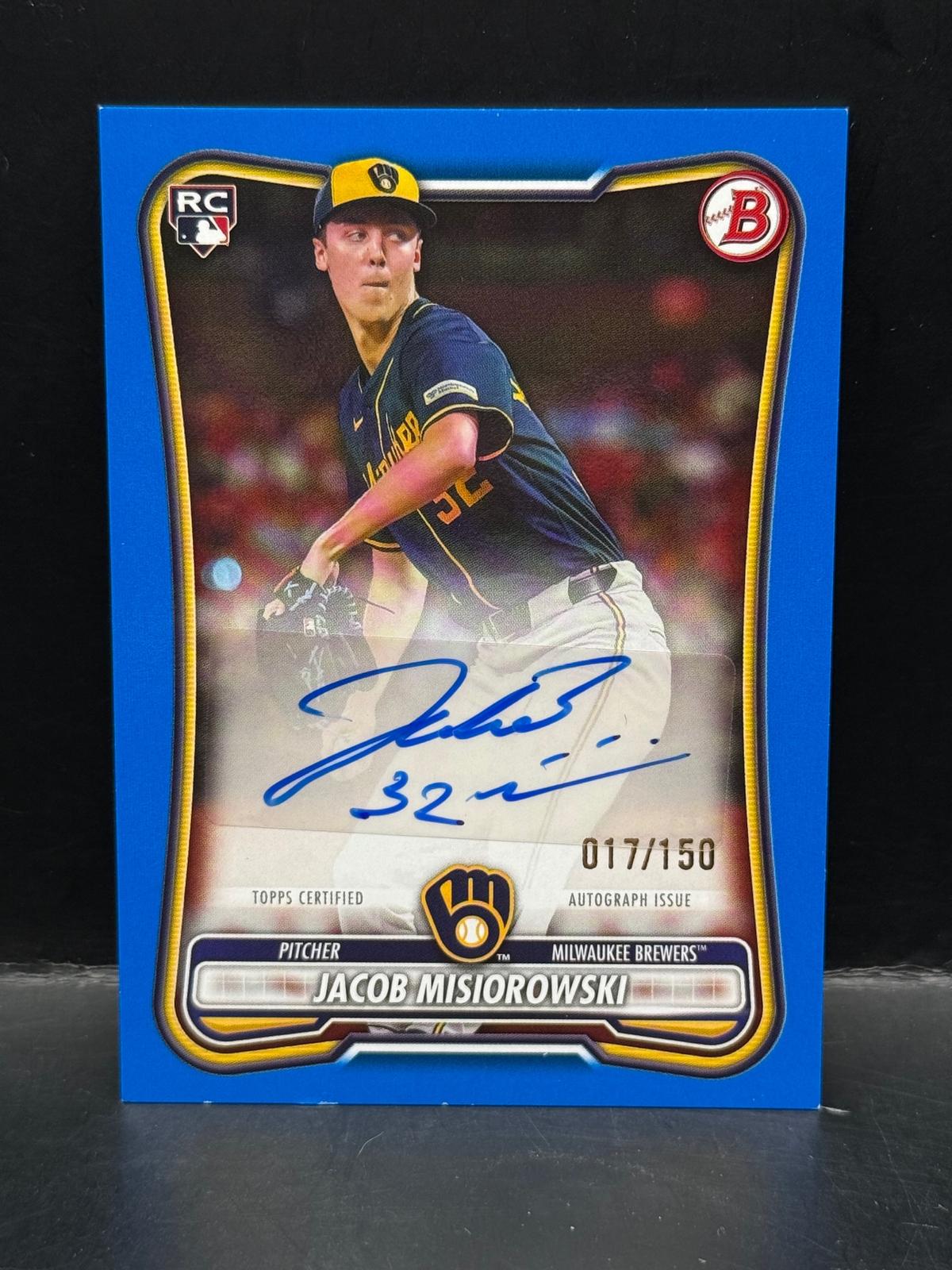 #PRV-JM Jacob Misiorowski 2026 Bowman /150 Brewers Rookie and Veteran Auto Blue