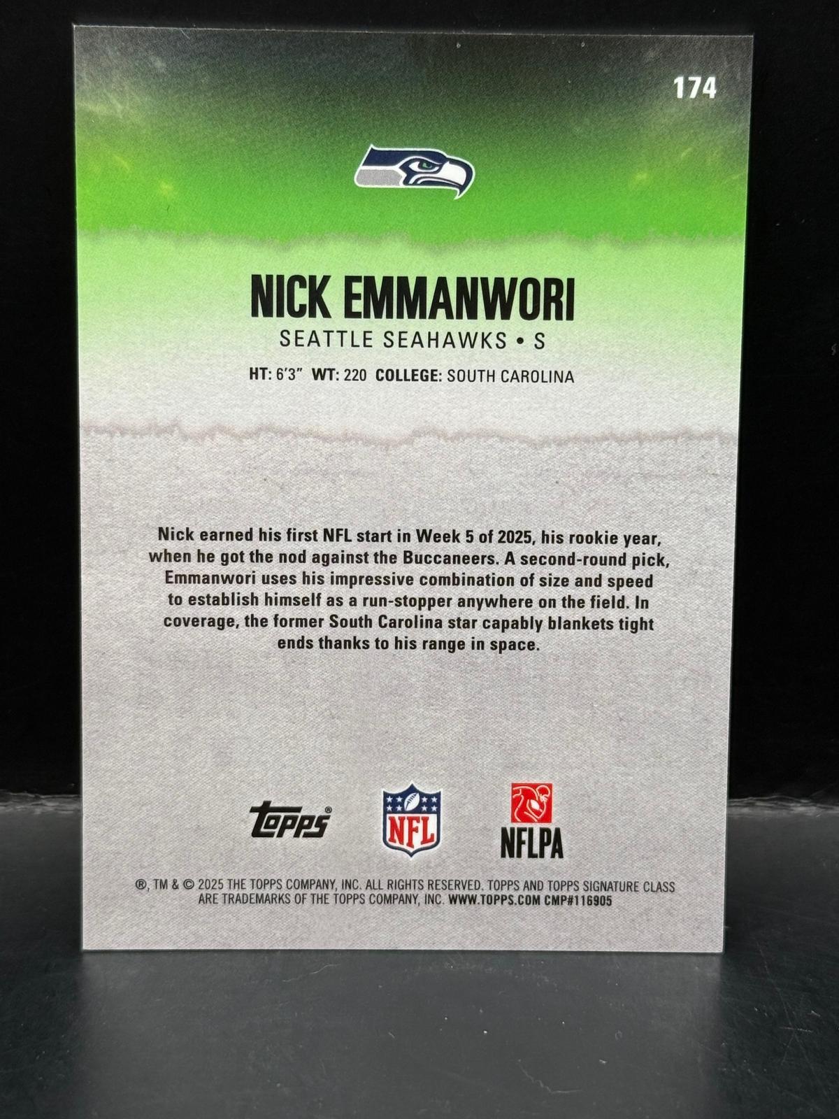 #174 Nick Emmanwori 2025 Topps Signature Class /35 Seahawks Chrome Gold
