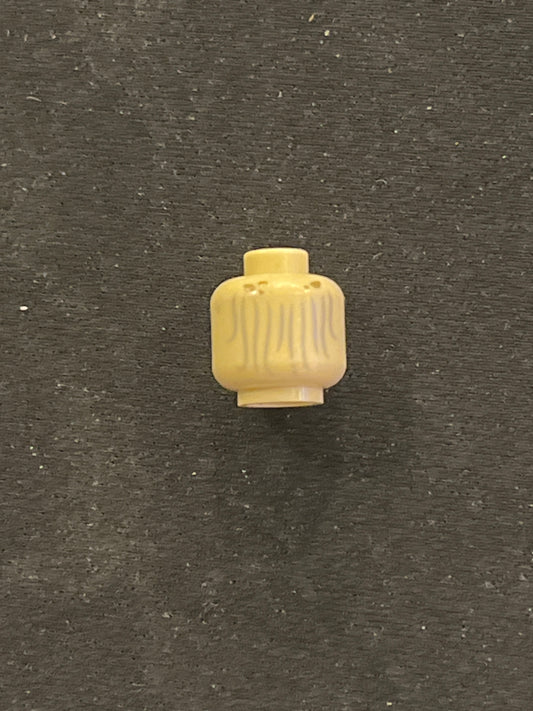 Minifigure, Head Alien with Wide Open Mouth with Pointed Bright Light Yellow Teeth, Dark Tan Wrinkles and Scars, Light Bluish Gray Thin Hair on Back Pattern 3626pb0948 Lego
