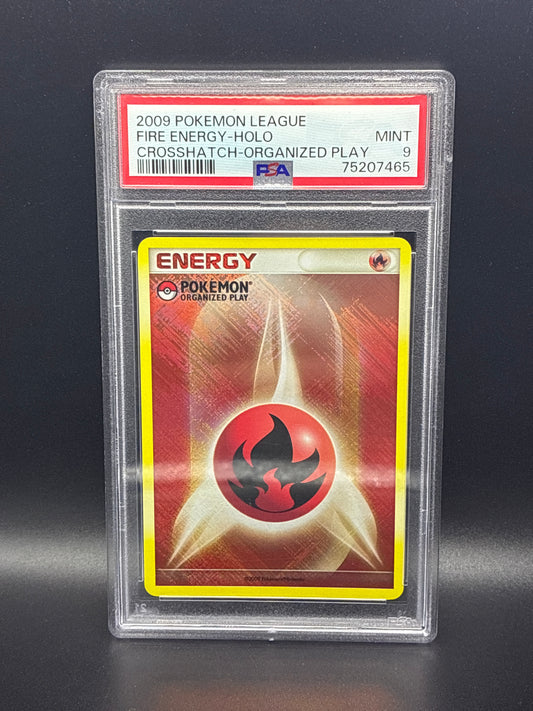 2009 Pokemon League Fire Energy (Holo) Crosshatch-Organized Play PSA 9