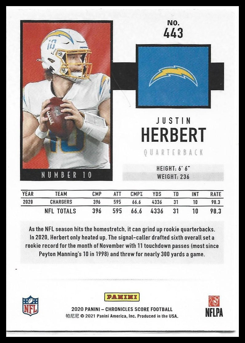 #443 Justin Herbert 2020 Panini Chronicles Chargers sports 2020 Score Rookies