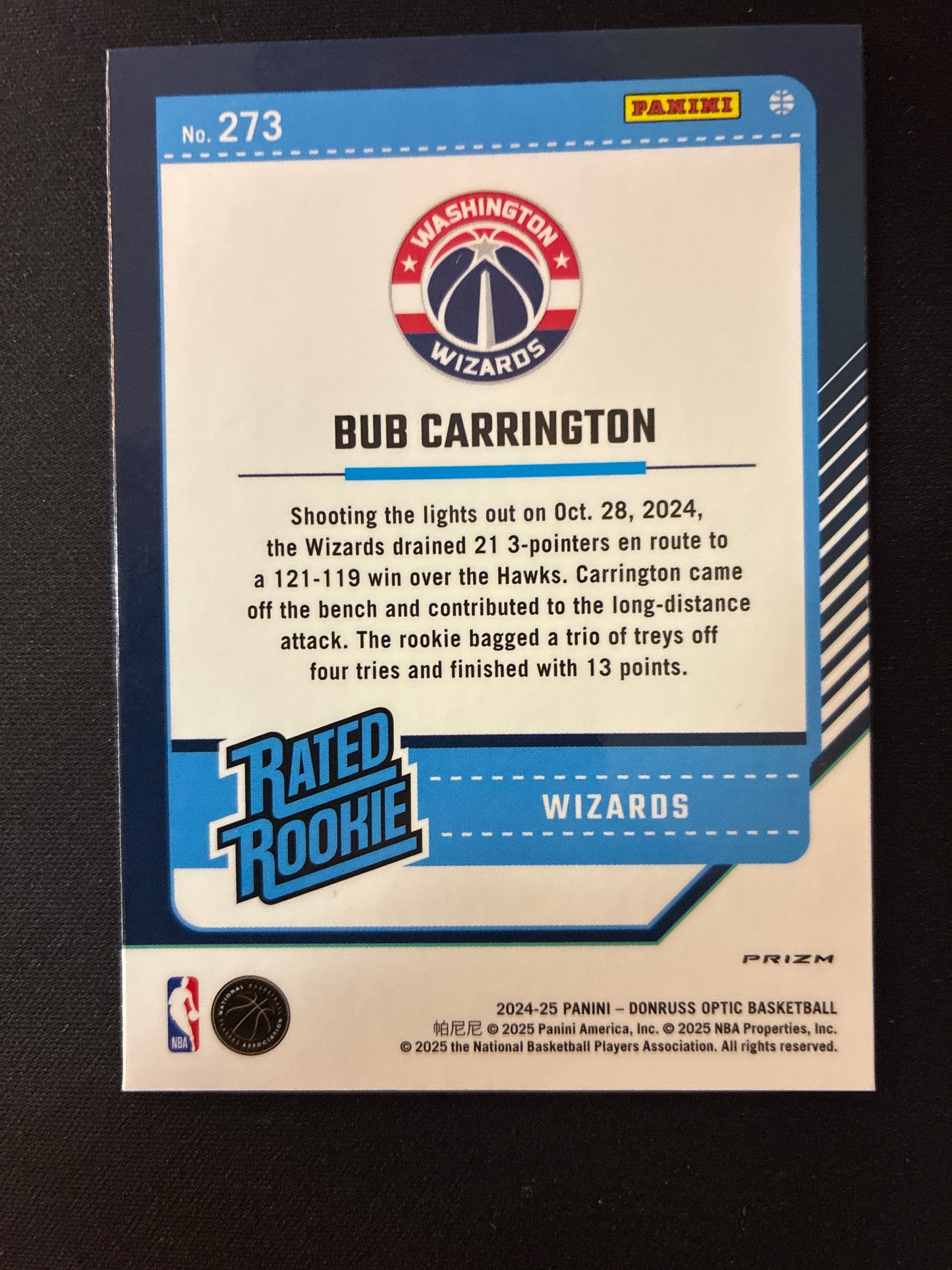 #273 Bub Carrington 2024-25 Donruss Optic RC Rookie Wizards Checkerboard