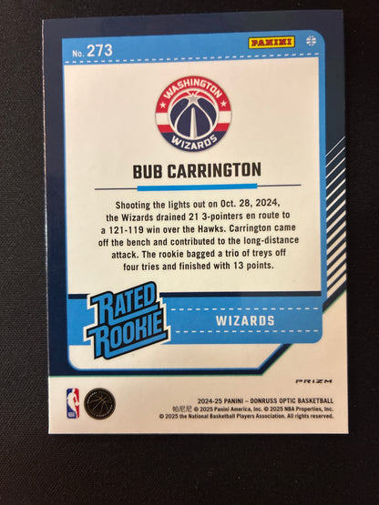 #273 Bub Carrington 2024-25 Donruss Optic RC Rookie Wizards Checkerboard