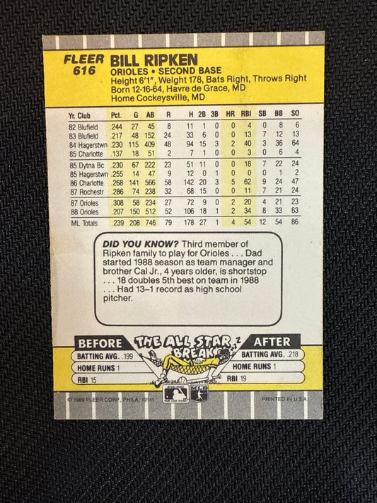 #616e Bill Ripken 1989 Fleer Black box on knob Baltimore Orioles sports f- Face