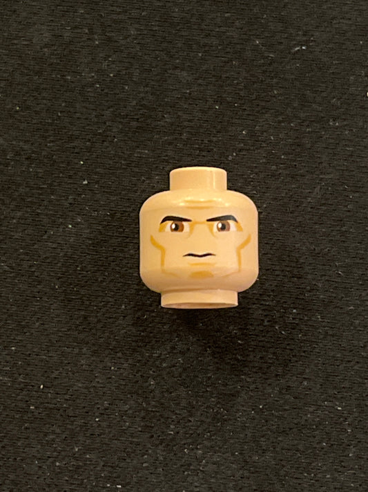 Minifigure, Head Black Thick Eyebrows, Large Reddish Brown Eyes, Nougat Eye Shadow, Cheek Lines and Chin Dimple, Furrowed Brow, Stern Pattern 3626pb0314 Lego