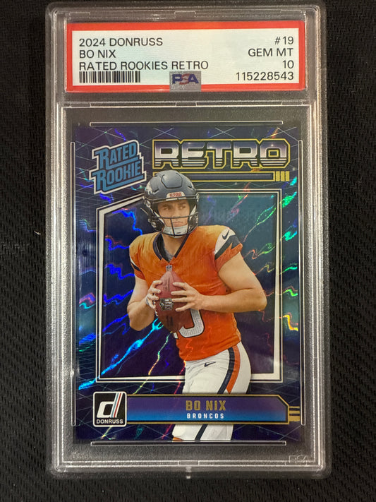 #19 Bo Nix 2024 Donruss Denver Broncos sports Rated Rookies Retro PSA 10