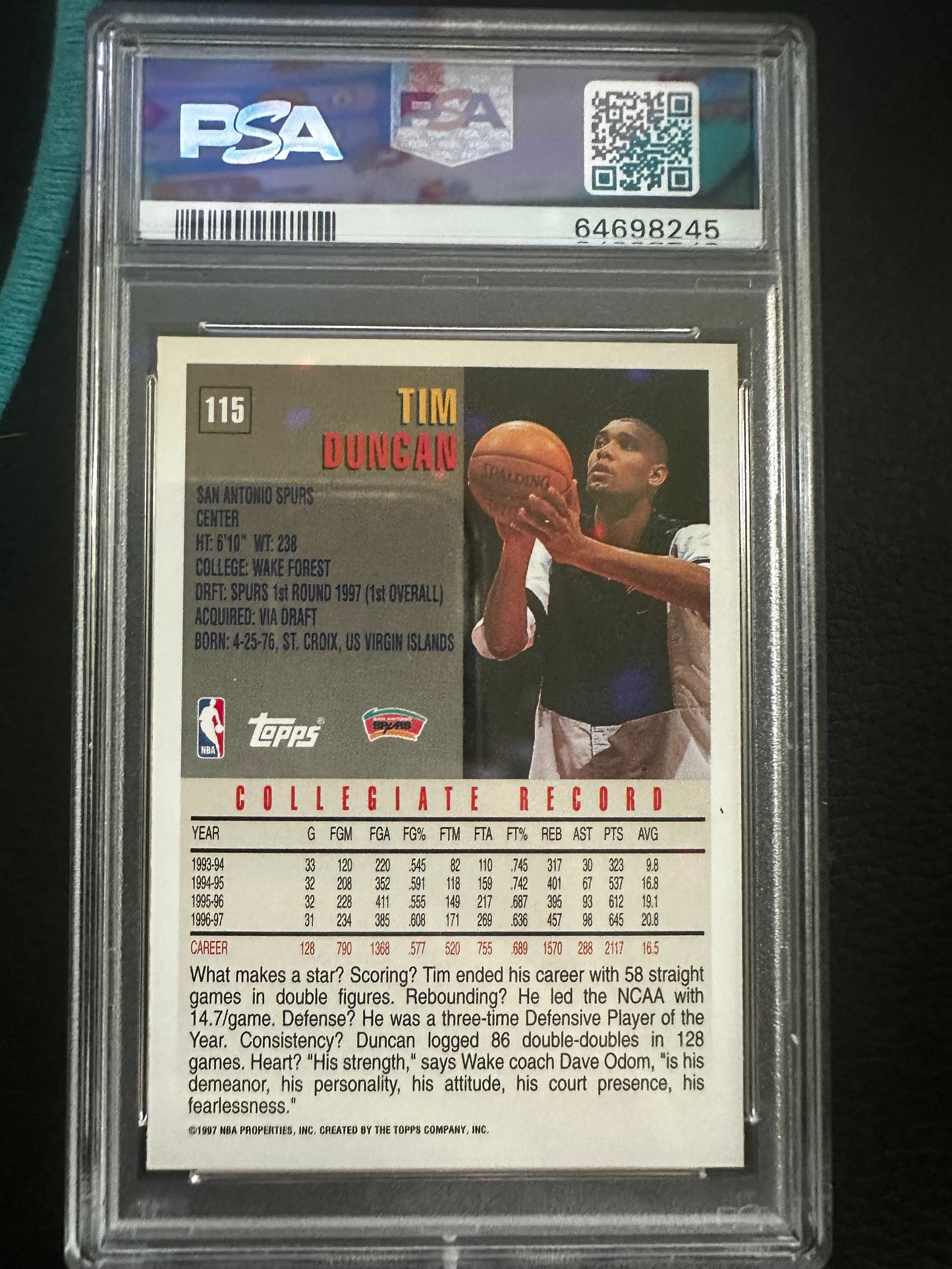 Tim Duncan 115 1997 Topps PSA 10 San Antonio Spurs