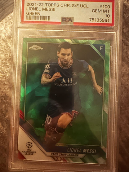 Lionel Messi 2021-22 Topps Chrome S/E UCL Green 47/75 PSA 10