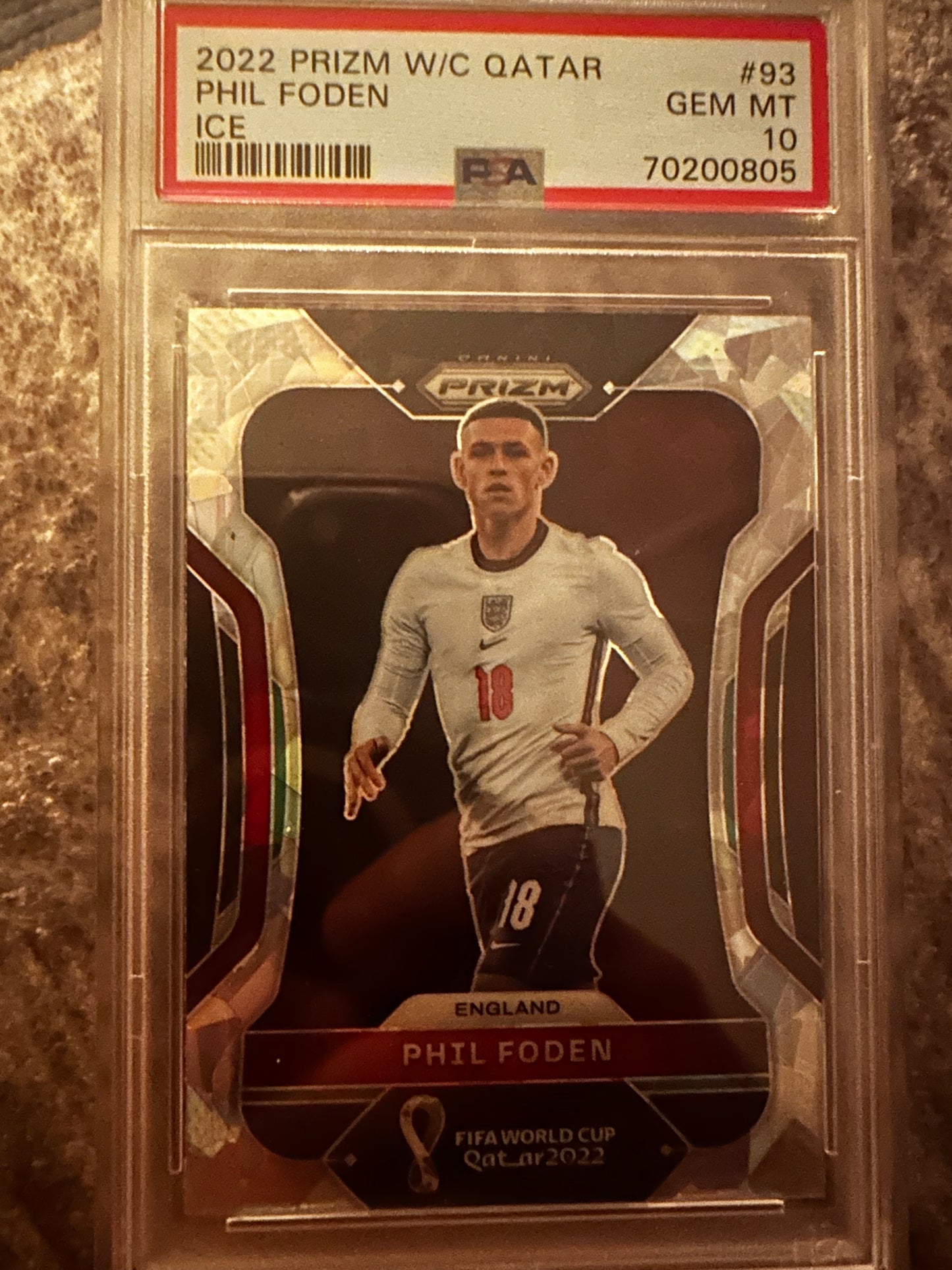 Phil Foden 93 2022 Prizm W/C Qatar Ice PSA 10