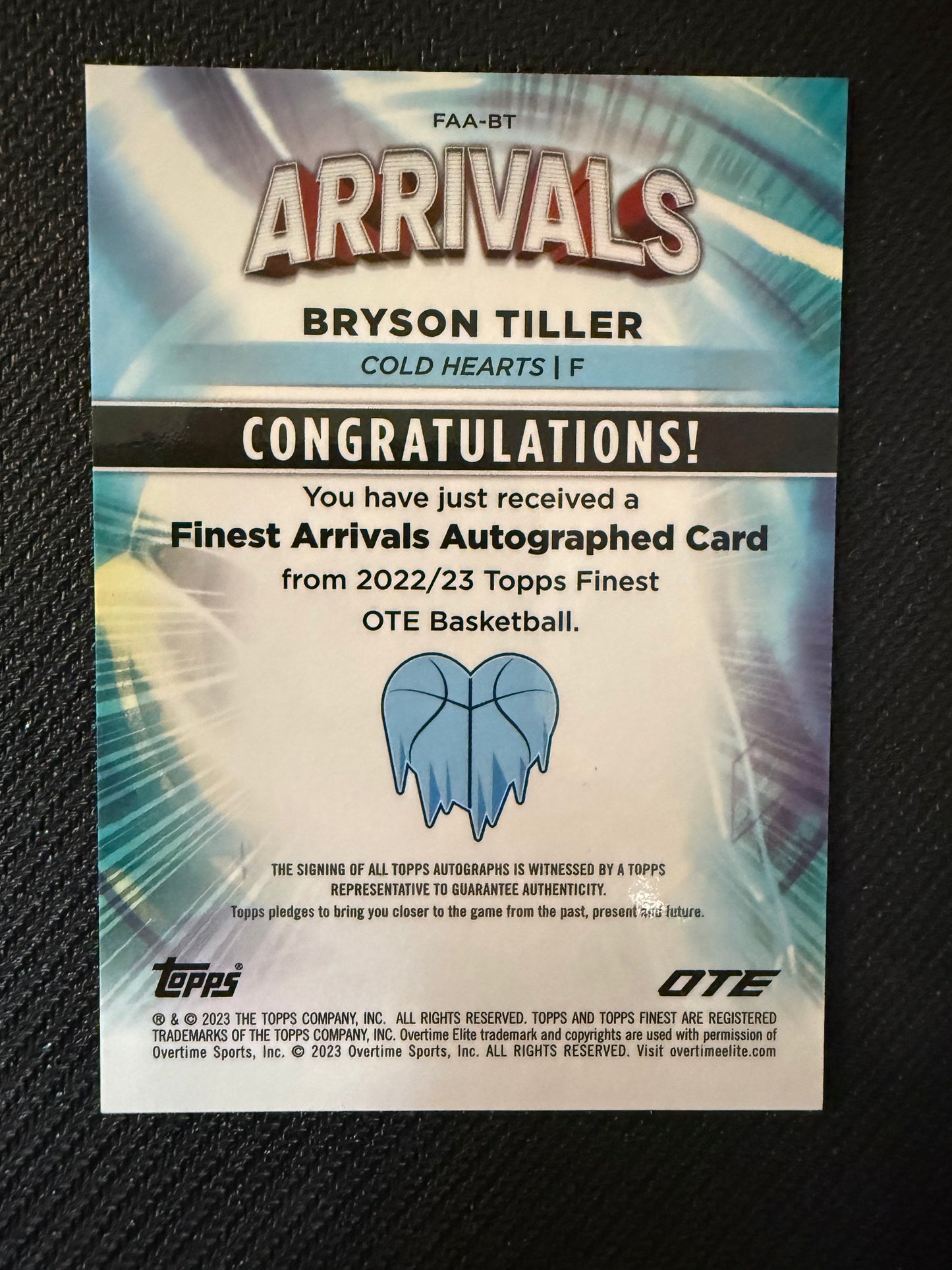 #FAA-BT BRYSON TILLER 2023 FINEST OTE ARRIVALS AUTOGRAPH ORANGE /25