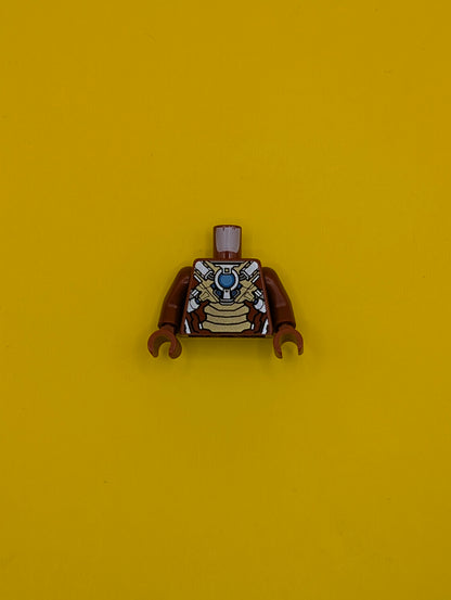 973pb1380c01 Torso Armor with Blue and Medium Blue Circle Arc Reactor, Gold Panels, Silver Trim Pattern (Iron Man Mark 17) / Dark Red Arms / Dark Red Hands Lego Part