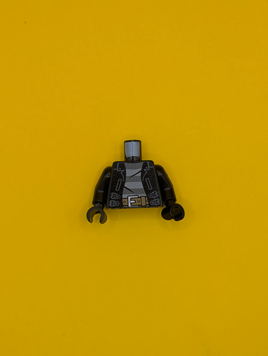 Torso Leather Jacket Open with Straps over Shirt with Dark Bluish Gray and Light Bluish Gray Stripes, Dark Tan Belt with Silver Buckle Pattern / Black Arms / Black Hands 973pb1550c01 Lego