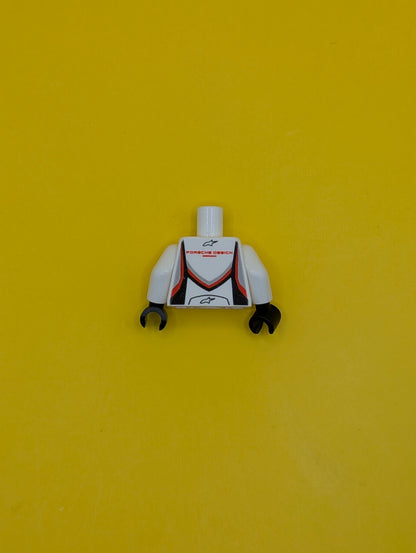 973pb3322c01 Torso Speed Champions with Mobil 1 and WEC Logo on Front, Porsche Design Logo on Back Pattern / White Arms / Black Hands Lego Part