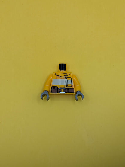 973pb1011c01 Torso Fire Suit with Stripe and Brown Utility Belt and Fire Logo on Back Pattern / Bright Light Orange Arms / Dark Bluish Gray Hands Lego Part