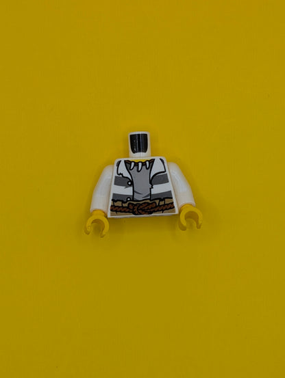 Torso Town Prisoner Jacket Open with Buttons and Dark Bluish Gray Stripes over Light Bluish Gray Shirt, Reddish Brown Rope Belt, Animal Tooth / Claw Necklace, Yellow Neck Pattern / White Arms / Yellow Hands 973pb1903c01 Lego