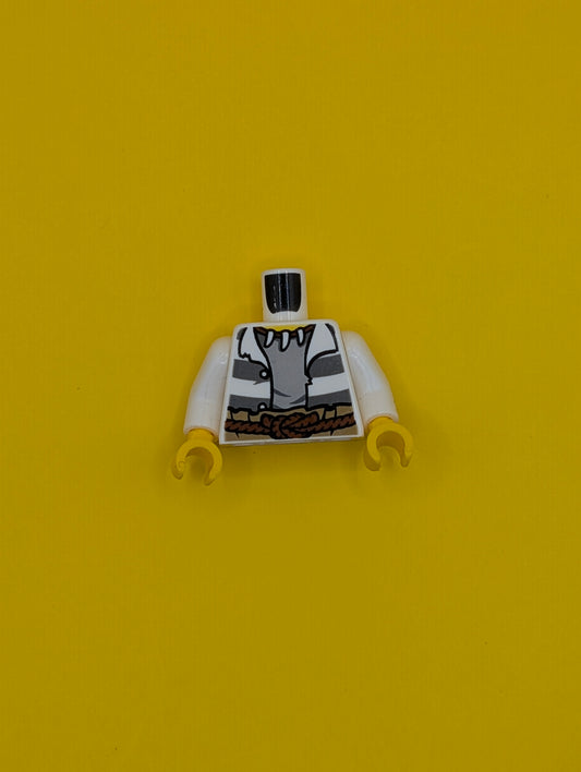 Torso Town Prisoner Jacket Open with Buttons and Dark Bluish Gray Stripes over Light Bluish Gray Shirt, Reddish Brown Rope Belt, Animal Tooth / Claw Necklace, Yellow Neck Pattern / White Arms / Yellow Hands 973pb1903c01 Lego