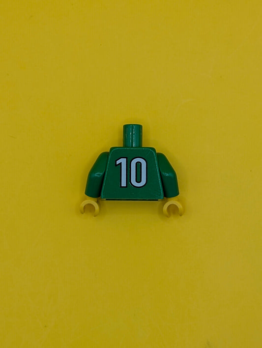 Torso Soccer Uniform Shirt with White Horizontal Stripes, Neck, and Number 10 on Back Pattern / Green Arms / Yellow Hands 973pb0365c01 Lego