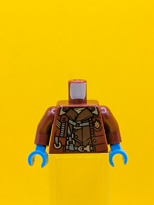 973pb2682c01 Torso Open Jacket with Badge over Reddish Brown Shirt and Harness Pattern / Dark Red Arms / Dark Azure Hands Lego