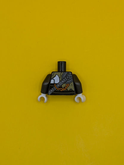 973pb3257c01 Torso Ninjago Spiked Weapon on Chain with Stitched Clothing Pattern / Pearl Dark Gray Arms / White Hands Lego Part