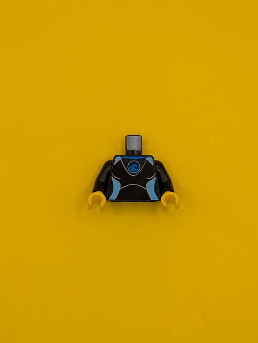 Torso Female Wetsuit with Blue Collar and Wave Logo, Medium Azure Panels, Silver Zipper with Pull Cord on Back Pattern / Black Arms / Yellow Hands 973pb2627c01 Lego