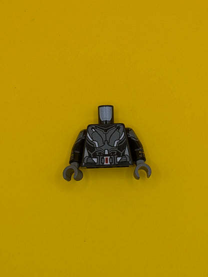 Torso Female Outline, Black Suit with Gray and Silver Lines and Belt with Red Buckle Pattern / Black Arms with Gray Shoulder Armor, Gray and Gold Stripes Pattern / Dark Bluish Gray Hands 973pb3917c01 Lego
