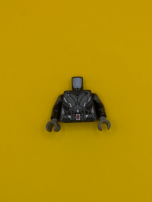 Torso Female Outline, Black Suit with Gray and Silver Lines and Belt with Red Buckle Pattern / Black Arms with Gray Shoulder Armor, Gray and Gold Stripes Pattern / Dark Bluish Gray Hands 973pb3917c01 Lego