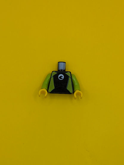 973pb2739c01 Torso Wetsuit with Dark Green Collar, Lime Panels, Wave Logo on White Circle, Silver Zipper with Pull Cord on Back Pattern / Lime Arms / Yellow Hands Lego Part